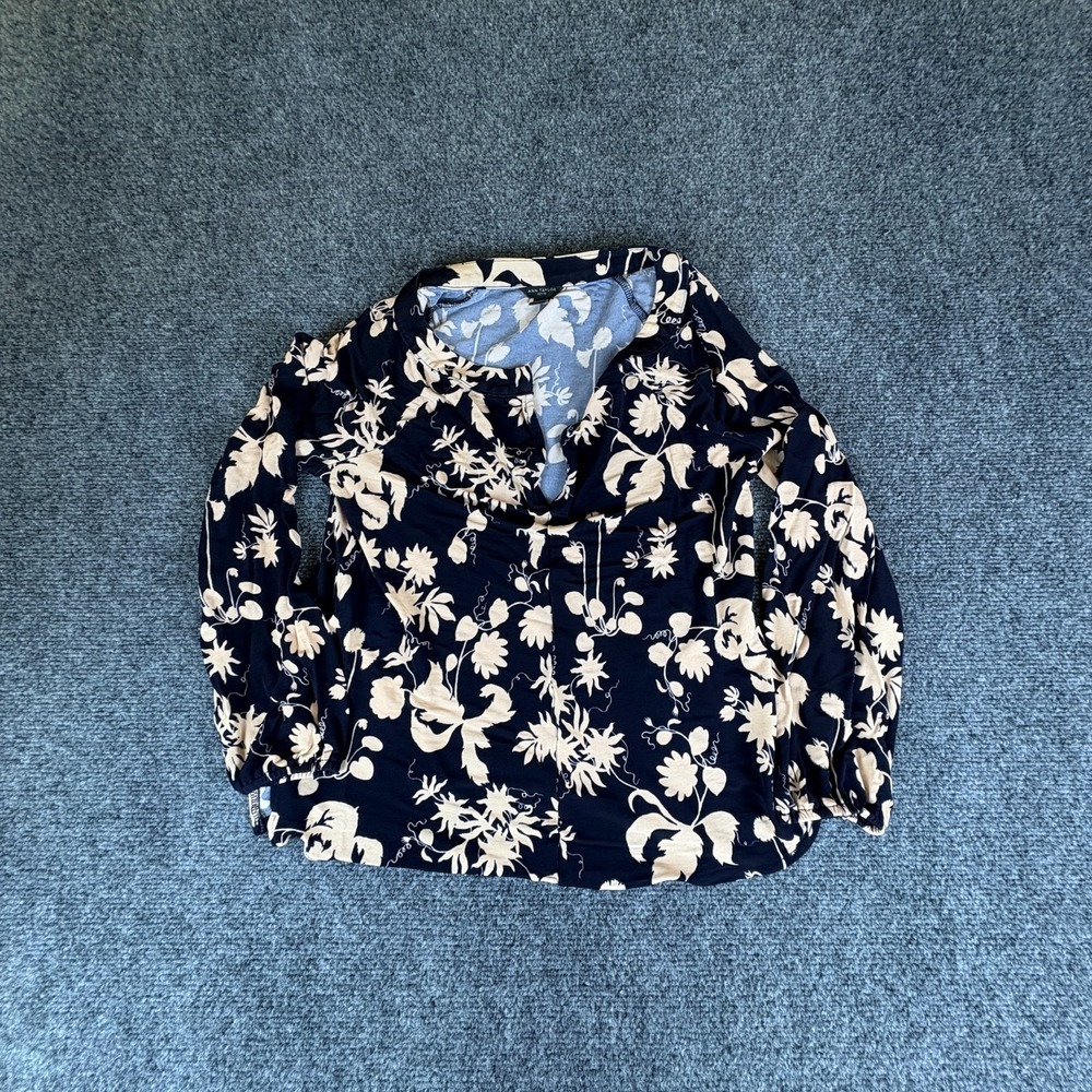 Ann Taylor Blouse Top Womens Small Petite Navy Tan Floral Split Neck Long Sleeve